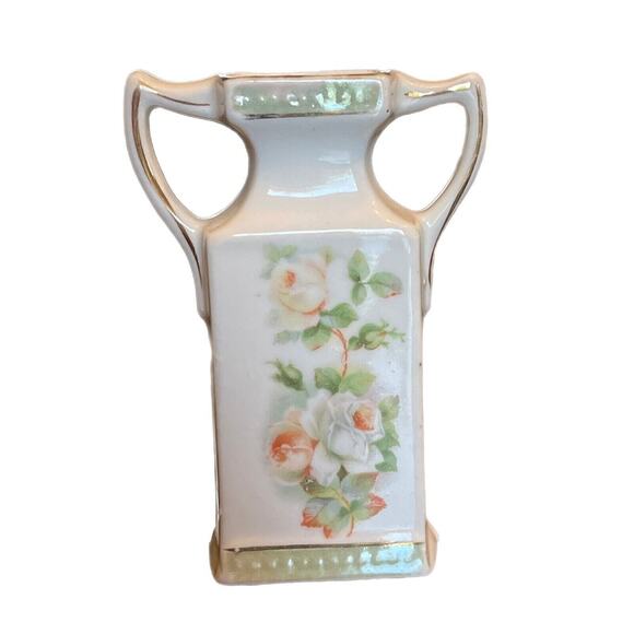 Vintage MCM Urn Style Dual Handle Bud Vase Floral Ceramic White w/Pink Flowers - Picture 1 of 4